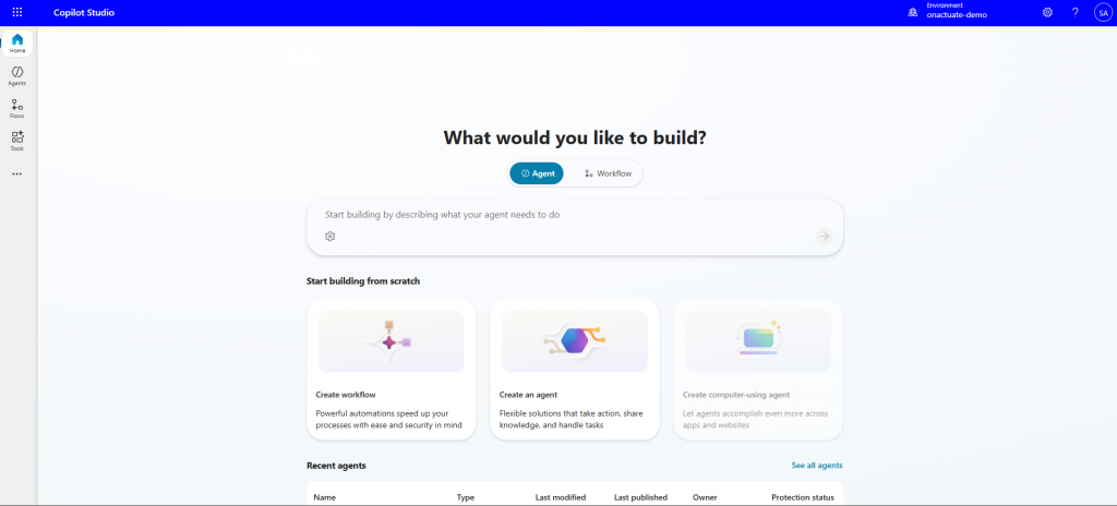 Microsoft Copilot Studio homescreen