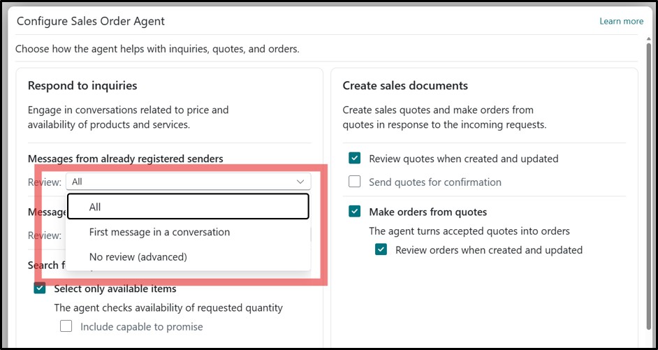 configure sender settings for message reviews in sales order agent