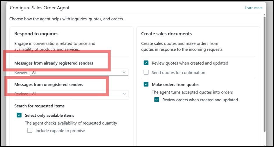 configure inquiry responses for sales order agent