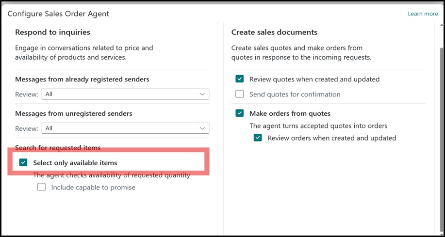 item availability in sales order agent responses