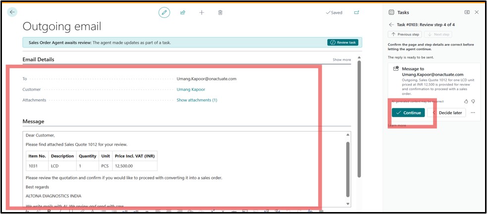 confirm and generate sales quote