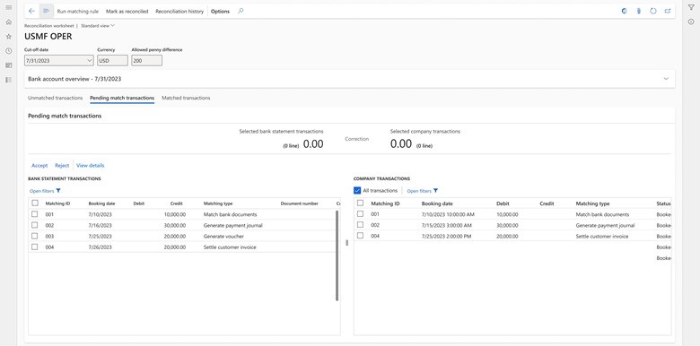 Preview automatic bank reconciliation matching results 